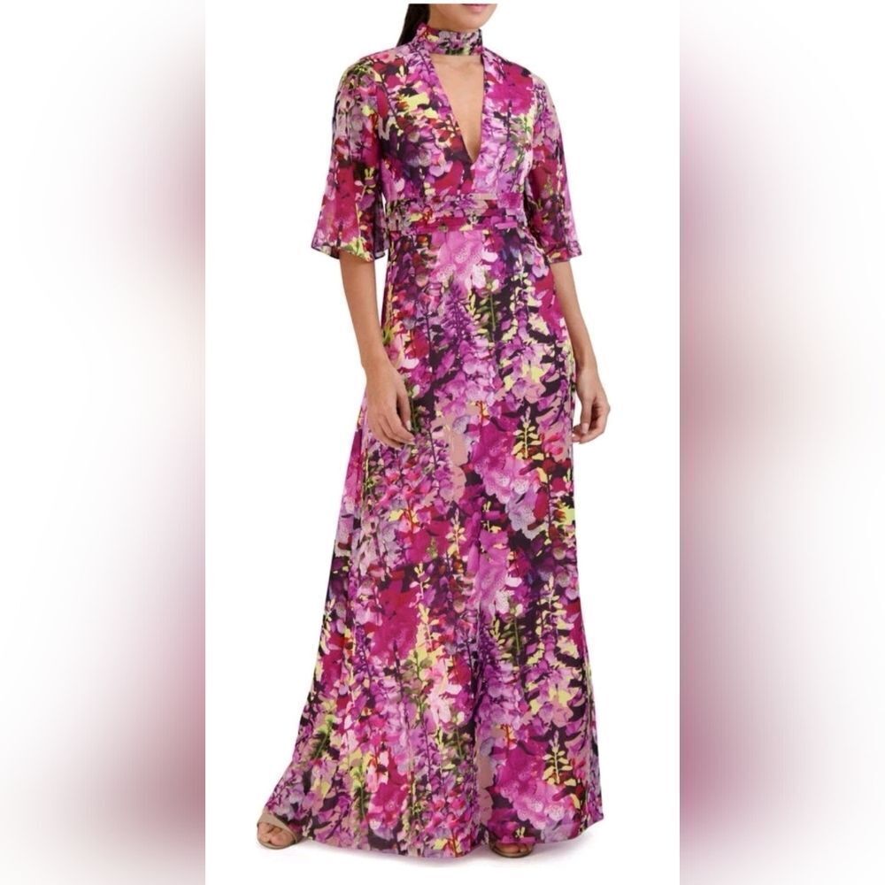 Laundry by Shelli Segal Floral Elbow Sleeve Maxi Dress NWT Size 8 Purple